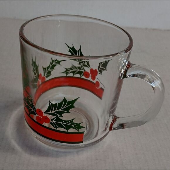 Vintage Set of 4 Libbey Christmas Decoration Holly‎ and Berries Clear Glass Mugs - Picture 2 of 6